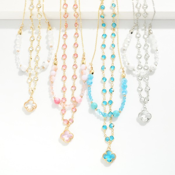 Layered Chain Link Necklace Featuring Faceted Beads, Stone, & Glass Crystal Clover Pendant 

- Approximately 16" L
- Extender 3" L