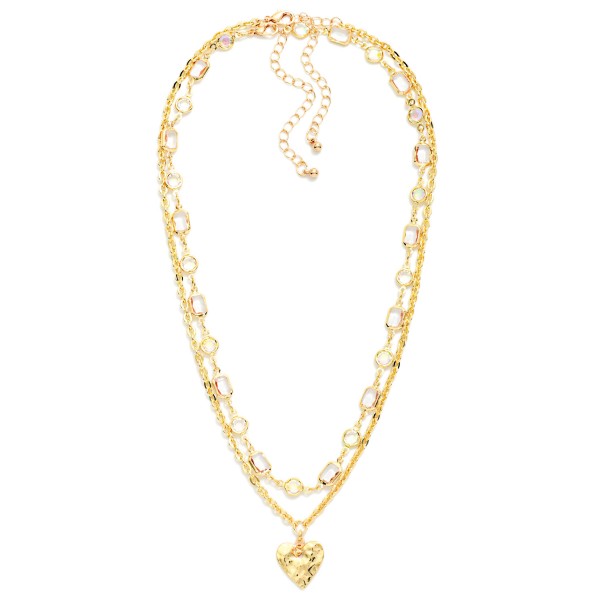 Layered Chain Link Necklace Featuring Glass Crystals & Hearts Pendant 

- Approximately 16" L 
- Extender 3" L 
