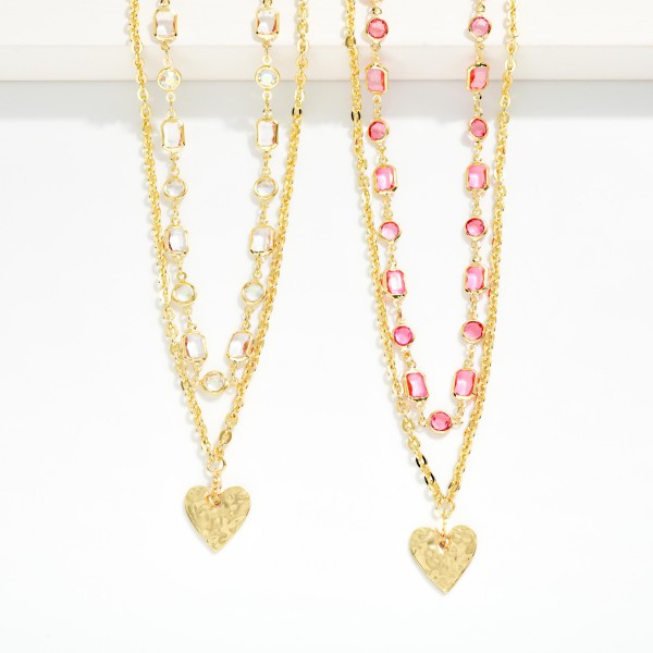 Layered Chain Link Necklace Featuring Glass Crystals & Hearts Pendant 

- Approximately 16" L 
- Extender 3" L 