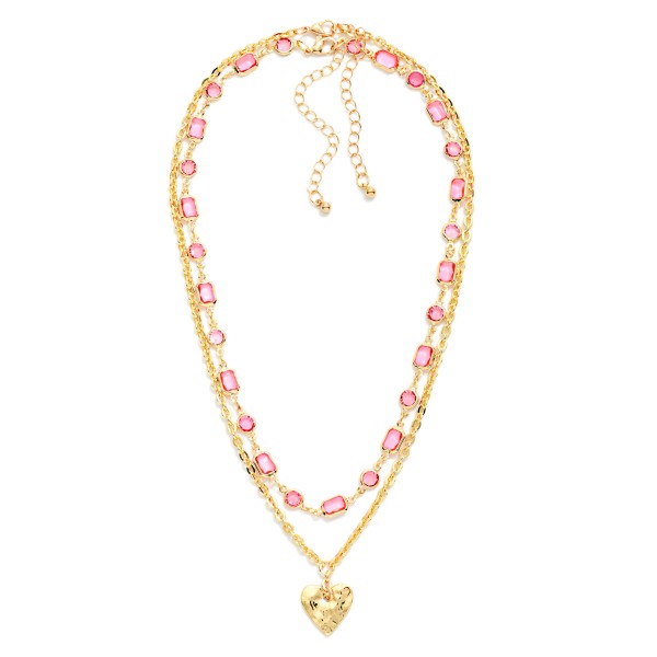 Layered Chain Link Necklace Featuring Glass Crystals & Hearts Pendant 

- Approximately 16" L 
- Extender 3" L 