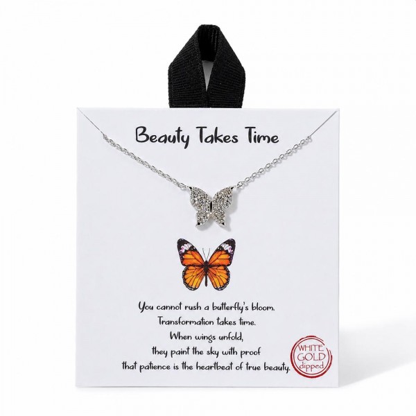 Dainty Chain Link Necklace Featuring Pave Cubic Zirconia Butterfly Pendant 

- Approximately 16" L
- Extender 2" L
- Hypoallergenic Brass Base
- 18K Gold Dipped
- Card: "You cannot rush a butterfly's bloom. Transformation takes time. When wings unfold, they paint the sky with proof that patience is the heartbeat of true beauty."