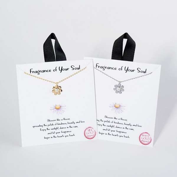 Dainty Chain Link Necklace Featuring Metal Tone Flower Pendant 					
					
- Approximately 16" L					
- Extender 2" L					
- Hypoallergenic Brass Base					
- 18K Gold Dipped					
- Card: "Blossom like a flower, spreading the petals of kindness, beauty, and love. Enjoy the sunlight, dance in the rain, and let your fragrance linger in the hearts you touch."					