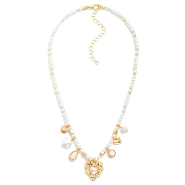 Pearl Beaded Necklace Featuring Metal Tones & Heart Charms 

- Approximately 16" L
- Extender 2" L