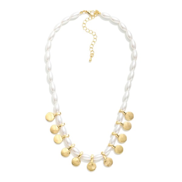 Oval Pearl Beaded Necklace Featuring Metal Tone Disk Charms 

- Approximately 16" L
- Extender 2" L