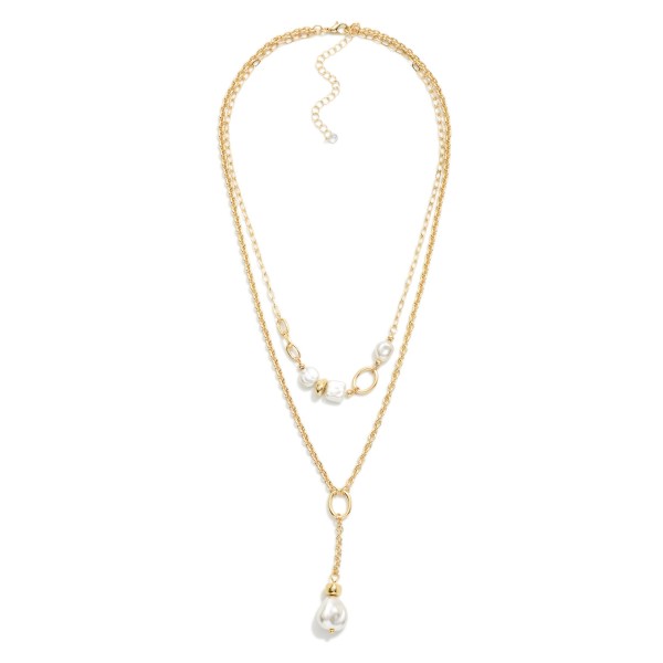 Layered Chain Link Y Necklace Featuring Gold Tones & Pearl Beads 

- Approximately 20" L 
- Extender 2" L 