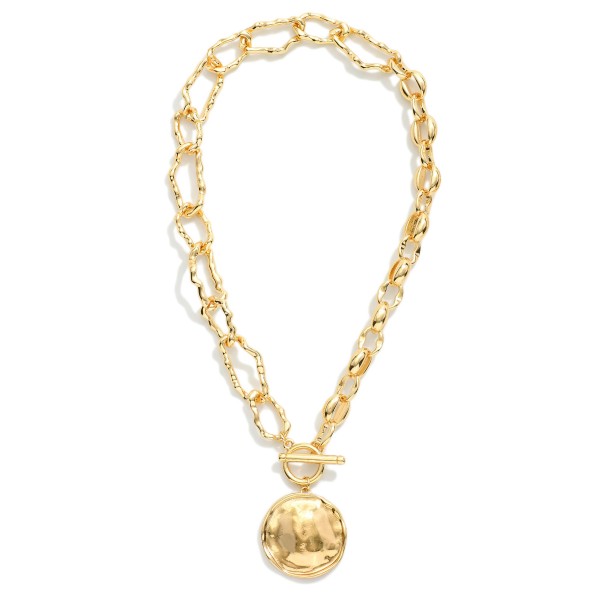 Circle Link & Wavy Metal Tone Chain Link Necklace Featuring Medallion Pendant 

- Approximately 14" L
- Extender 2" L 