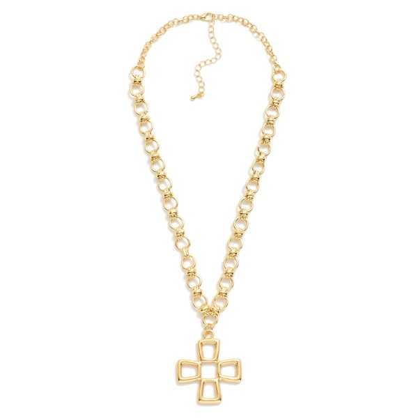 Circle Link Chain Link Necklace Featuring Hollow Metal Tone Plus Cross Pendant 

- Approximately 16" L
- Extender 3" L