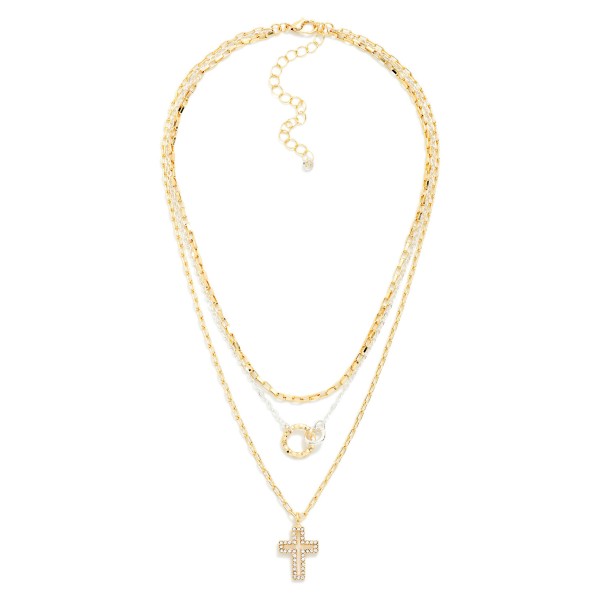 Mixed Chain Link Layered Necklace Featuring Metal Tones & Rhinestone Studded Cross Pendant 

- Approximately 14" L 