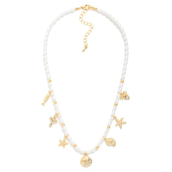 Pearl Beaded Necklace Featuring Metal Tone & Metal Charms 

- Approximately 16" L
- Extender 2"  