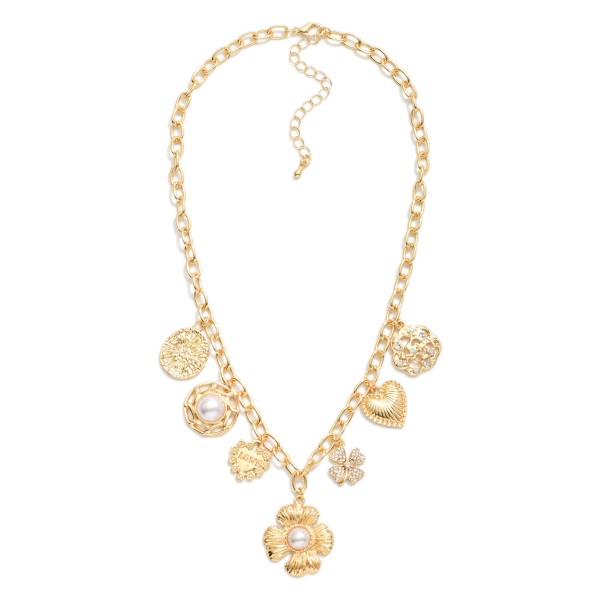Metal Tone Chain Link Necklace Featuring Metal Tone Charms, Pearls, & Rhinestones 

- Approximately 16" L 
- Extender 2" L 