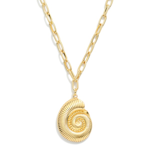 Textured Chain Link Necklace Featuring Metal Tone Fossil Shell Pendant 

- Approximately 16" L
- Extender 3" L