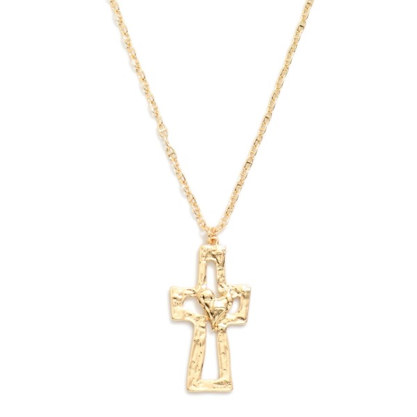 Chain Link Necklace Featuring Hammered Metal Tone Cross Pendant 

- Approximately 18" L 