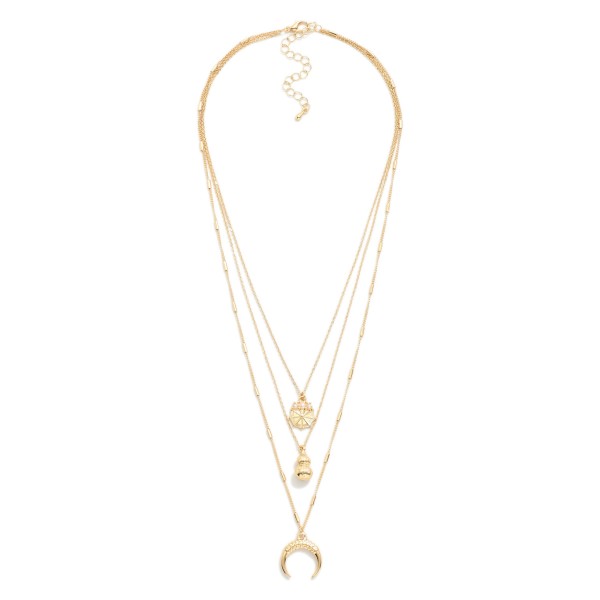 Layered Chain Link Necklace Featuring Metal Tone Pendants & Pearls

- Approximately 20" L 
- Extender 2" L 