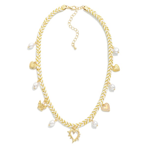 Woven Elastic & Tinsel Charm Necklace Featuring Pearls & Metal Tones 

- Approximately 14" L
- Extender 2" L
