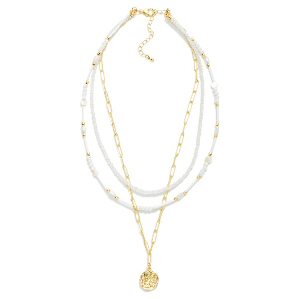 Layered Chain Link & Beaded Necklace Featuring Hammered Metal Pearl Medallion Pendant 

- Approximately 14" L
- Extender 3" L