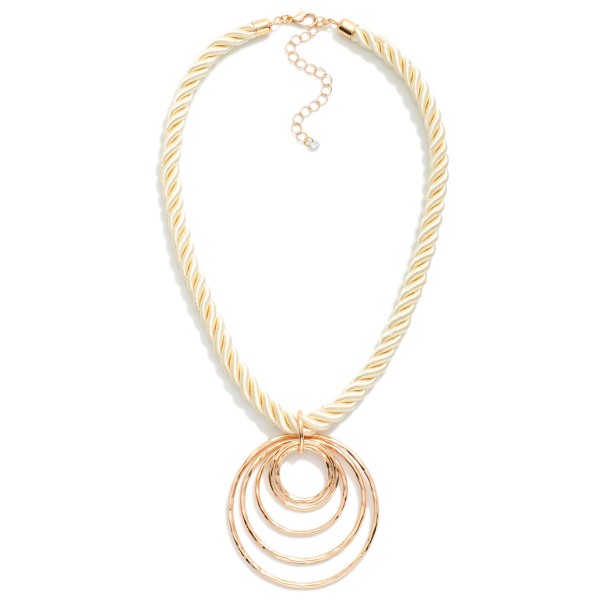 Twisted Rope Necklace Featuring Metal Tone Nesting Hoops Pendant 

- Approximately 14" L
- Extender 2" L