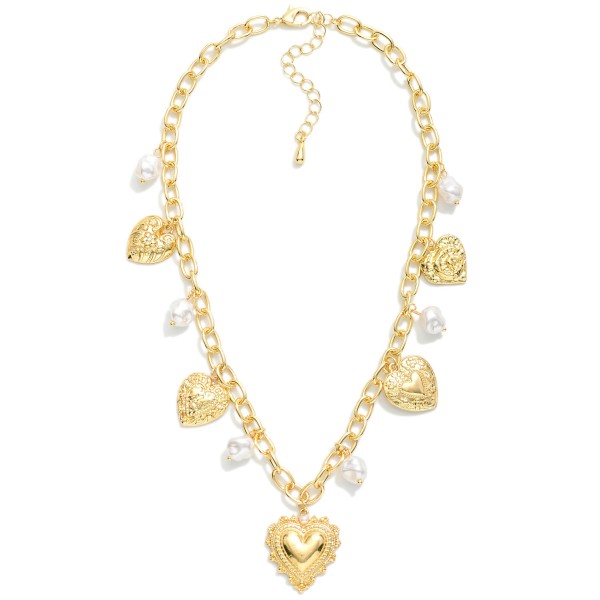 Chain Link Charm Necklace Featuring Metal Tone Hearts & Pearl Charms 

- Approximately 16" L
- Extender 2" L