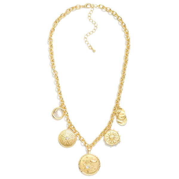 Chain Link Necklace Featuring Metal Tone Medallion Charms 

- Approximately 14" L
- Extender 2" L