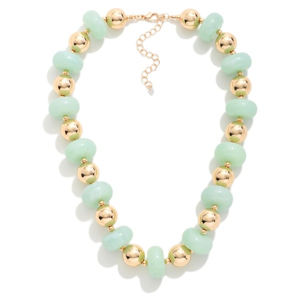 Chunky Marbled Acetate Disk & Metal Tone Ball Beaded Necklace 

- Approximately 14" L
- Extender 3" L