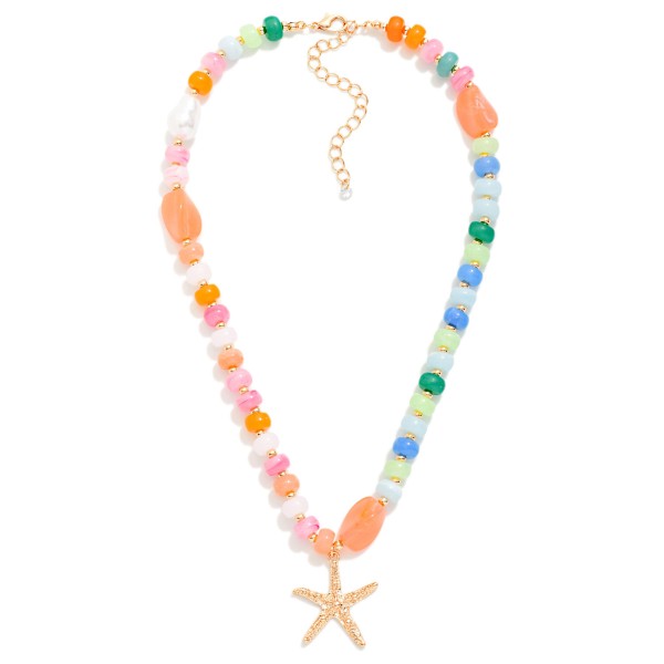 Candy Stone Beaded Necklace Featuring Golf Tones, Pearl, & Starfish Pendant 

- Approximately  16" L 
- Extender 2" L 