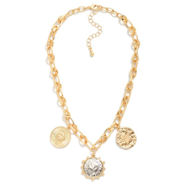 Chain Link Necklace Featuring Metal Tone Coin Charms 

- Approximately 16" L 
- Extender 2" L 