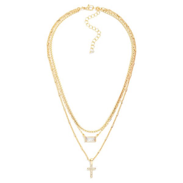 Layered Chain Link Necklace Featuring Rhinestone Cross & Glass Crystal Pendant

- Approximately 14" L
- Extender 2" L 