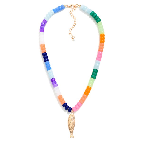 Candy Stone Bead Beaded Necklace Featuring Gold Tone Fish 

- Approximately 18" L 
- Extender 2" L 