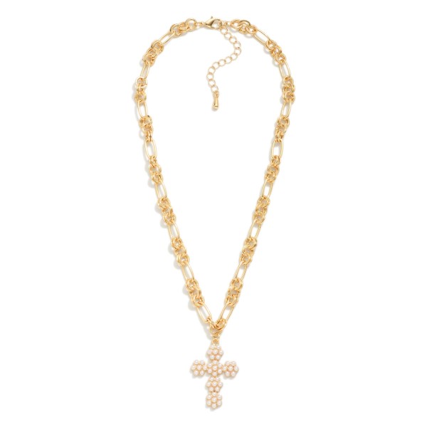 Chain Link Necklace Featuring Pearl Studded Cross Pendant 

- Approximately 20" L 
- Extender 2" L 