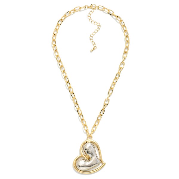 Chain Link Necklace Featuring Metal Tone Layered Heart Pendant 

- Approximately 14" L