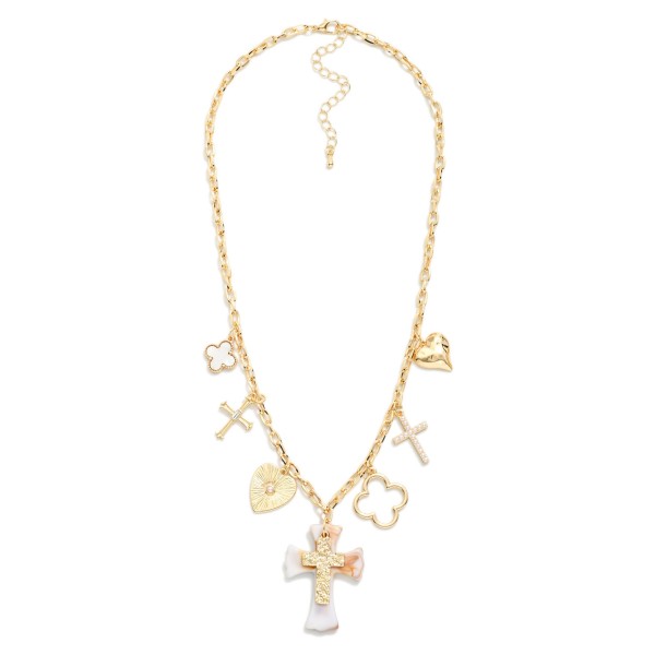Chain Link Necklace Featuring Gold Tone Charm, Pearls, & Stone 

- Approximately 20" L 
- Extender 2" L 

