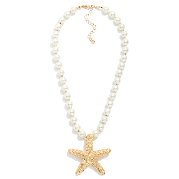 Pearl Beaded Necklace Featuring Metal Tone Starfish Pendant 

- Gold Dipped 
- Approximately 18" L
- Extender 2" L