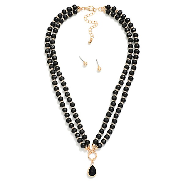 Layered Wood Bead & Rhinestone Disk Beaded Necklace With Glass Crystal Teardrop Pendant 

- Gold Ball Studs Included 
- Approximately 16" L
- Extender 3" L
