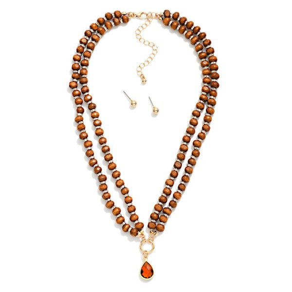 Layered Wood Bead & Rhinestone Disk Beaded Necklace With Glass Crystal Teardrop Pendant 

- Gold Ball Studs Included 
- Approximately 16" L
- Extender 3" L