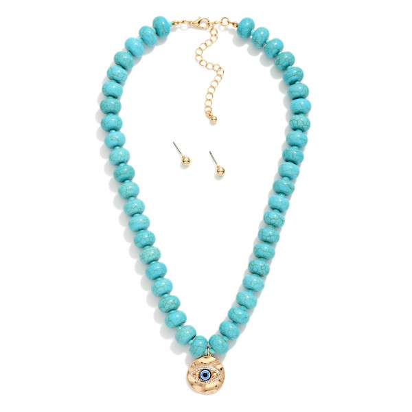 Turquoise Stone Beaded Necklace Featuring Evil Eye Pendant 

- Gold Ball Studs Included 
- Approximately 16" L
- Extender 3" L