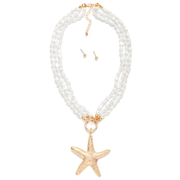 Layered Pearl Beaded Necklace Featuring Metal Tone Starfish Pendant 

- Gold Ball Studs Included 
- Approximately 18" L
- Extender 3" L