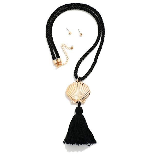 Twisted Rope Necklace Featuring Metal Tone Shell & Tassel Pendant 

- Gold Ball Studs Included 
- Approximately 18" L
- Extender 3" L