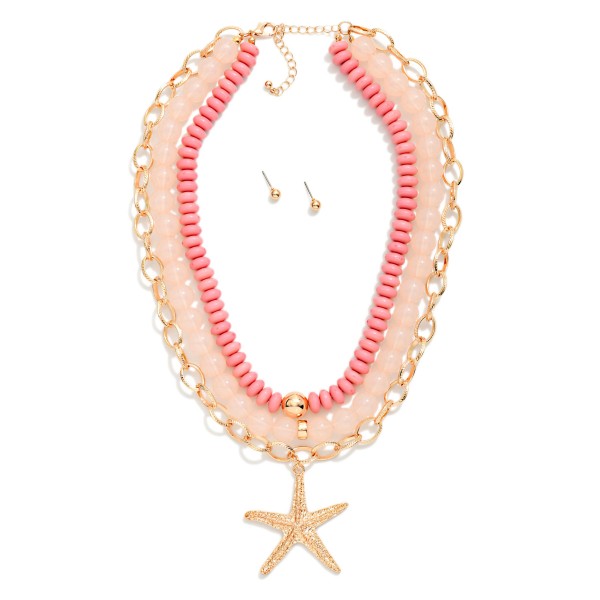 Layered Beaded & Chain Link Necklace Featuring Metal Tone Starfish Pendant 

- Gold Ball Studs Included 
- Approximately 18" L
- Extender 3" L