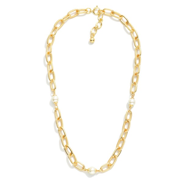 Chain Link Necklace Featuring Twisted Links & Pearl Stations 

- Gold Dipped
- Approximately 18" L
- Extender 1" L