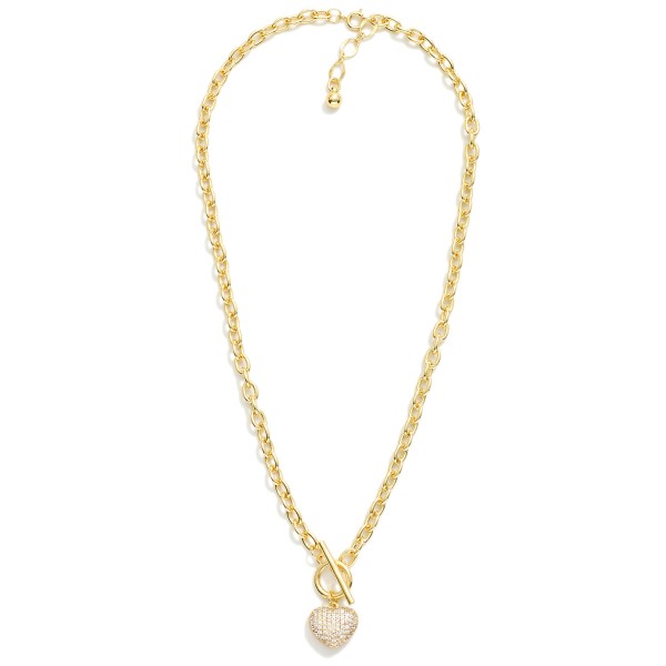 Chain Link Necklace Featuring Cubic Zirconia Pave Heart Pendant & Toggle Clasp 

- Gold Dipped
- Approximately 18" L
- Extender 1" L