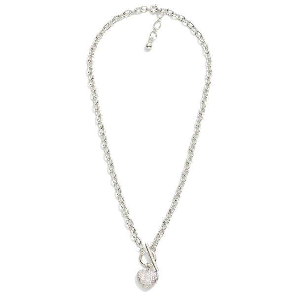 Chain Link Necklace Featuring Cubic Zirconia Pave Heart Pendant & Toggle Clasp 

- Gold Dipped
- Approximately 18" L
- Extender 1" L