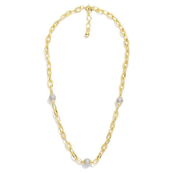 Chain Link Necklace Featuring Cubic Zirconia Ball Stations 

- Gold Dipped 
- Approximately 18" L
- Extender 1" L