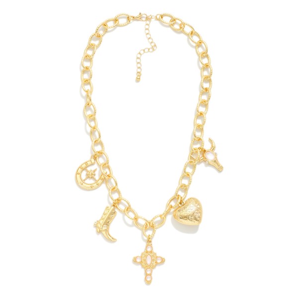 Chain Link Charm Necklace Featuring Metal Tone Western Charms 

- Approximately 16" L
- Extender 2" L 