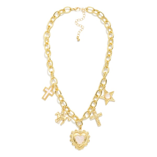 Chain Link Charm Necklace Featuring Heart, Cross, & Cowboy Charms

- Approximately 16" L
- Extender 2" L 