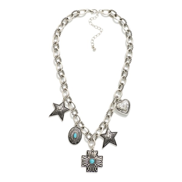 Chain Link Charm Necklace Featuring Metal Tone Western & Turquoise Charms 

- Approximately 16" L
- Extender 2" L 