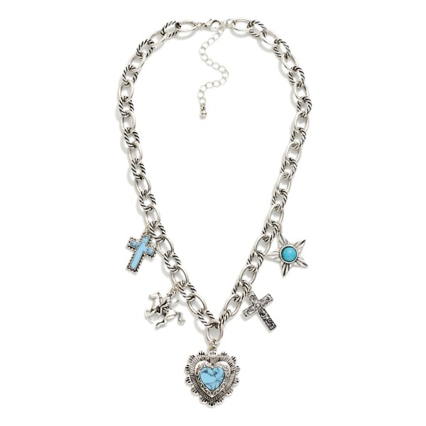 Chain Link Charm Necklace Featuring Metal Tone Western, Turquoise, & Cross Charms 

- Approximately 16" L
- Extender 2" L 