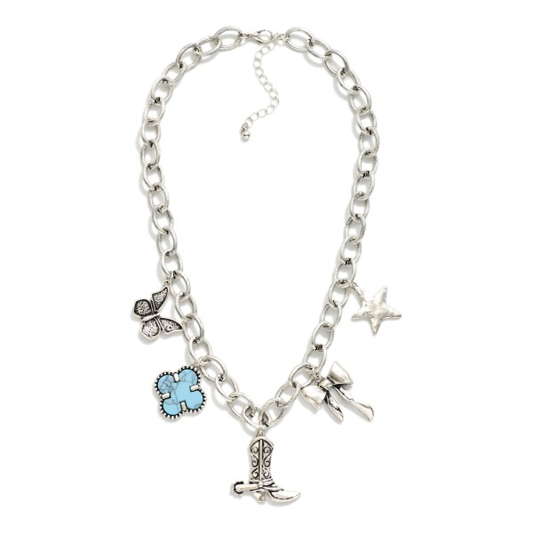 Chain Link Charm Necklace Featuring Metal Tone Western Charms & Turquoise Clover 

- Approximately 16" L
- Extender 2" L 