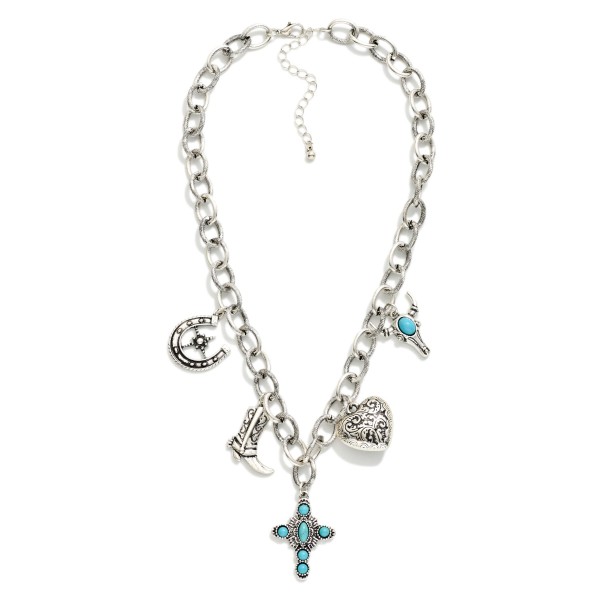 Chain Link Charm Necklace Featuring Metal Tone Western & Turquoise Charms 

- Approximately 16" L
- Extender 2" L 