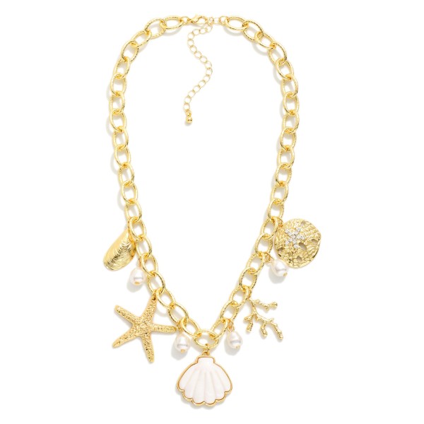Chain Link Charm Necklace Featuring Metal Tone Beach Charms & Pearls 

- Approximately 16" L
- Extender 2" L 