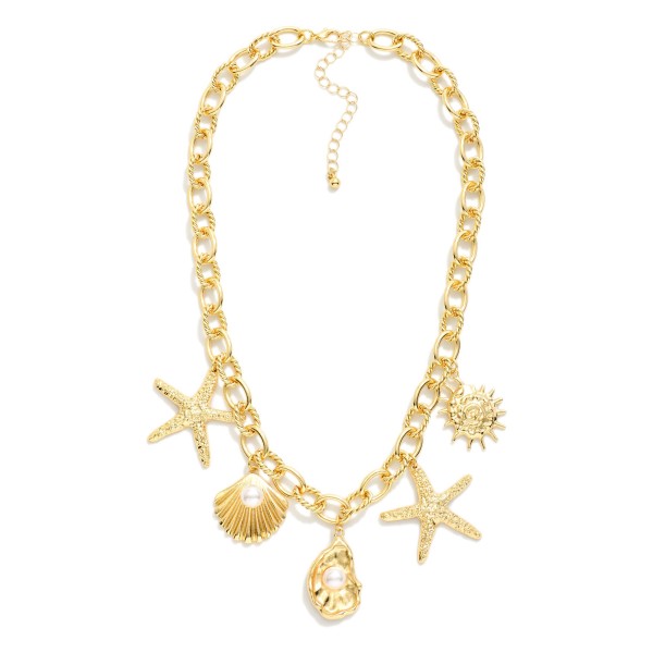 Chain Link Charm Necklace Featuring Metal Tone & Pearl Beach Charms 

- Approximately 16" L
- Extender 2" L