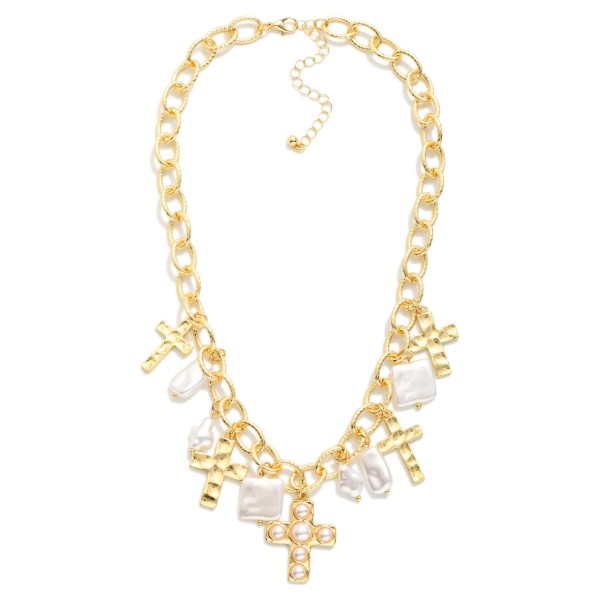 Chain Link Charm Necklace Featuring Metal Tone Crosses & Square Pearls 

- Approximately 16" L
- Extender 2" L 